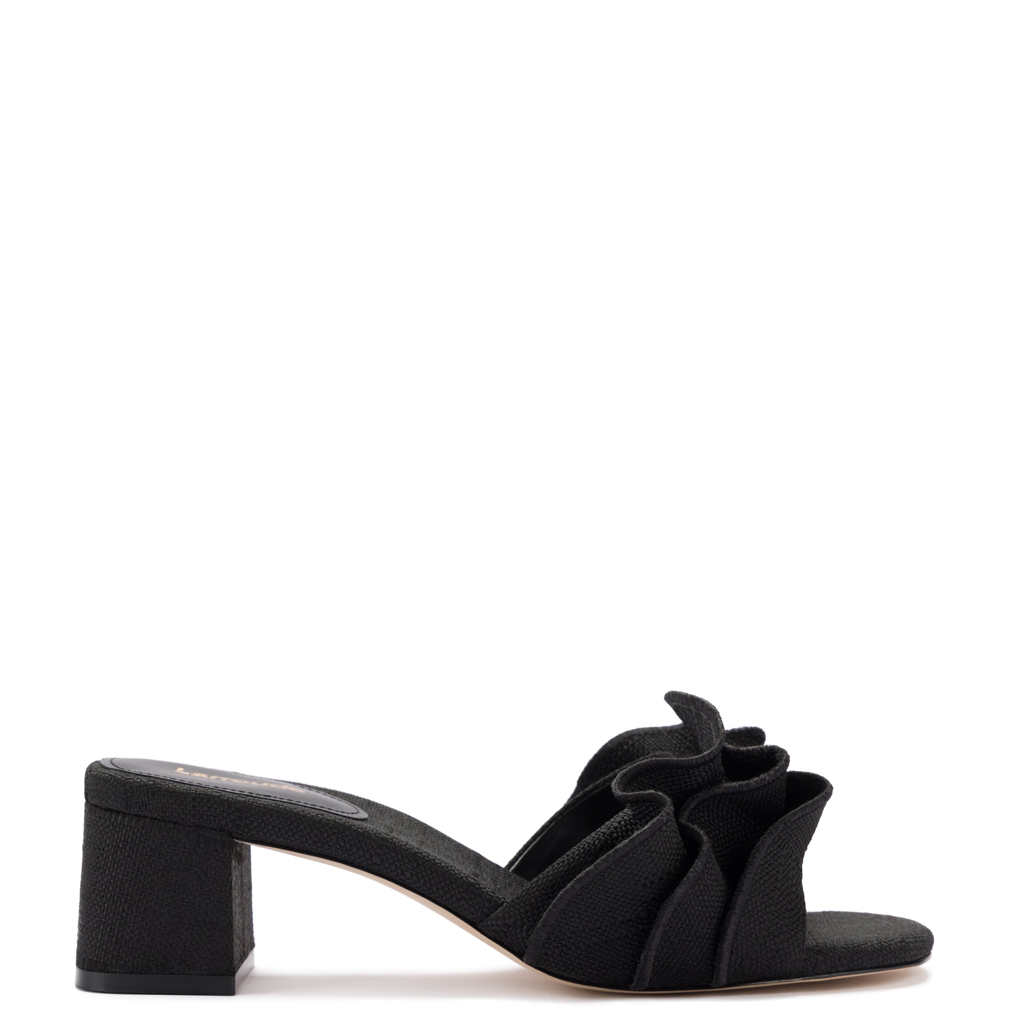 Selena Ruffle Sandal In Black Raffia