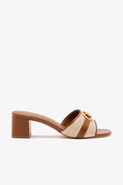 Franca Block Sandal In Natural Raffia And Caramel Leather