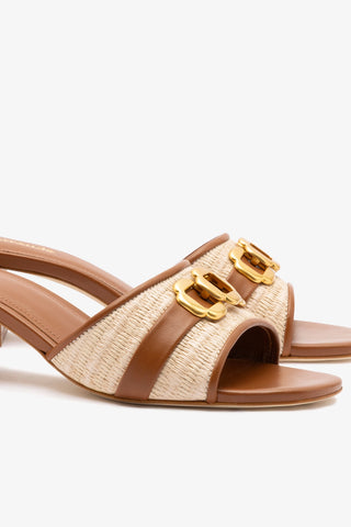 Franca Block Sandal In Natural Raffia And Caramel Leather