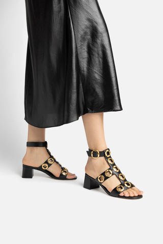 Milan Gladiator Block Sandal In Black Leather