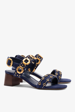 Milan Studs Block Sandal In Navy Suede