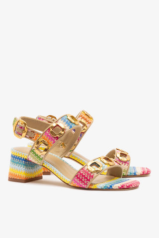 Milan Sandal In Rainbow Raffia and Neutral Leather