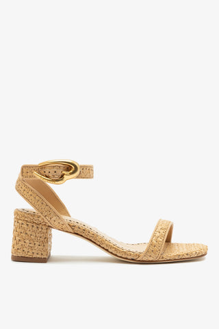Verona Block Sandal In Beige Leather and Natural Raffia