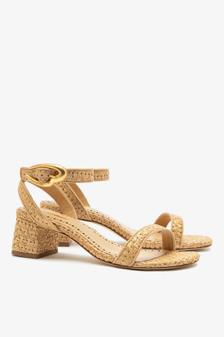 Verona Block Sandal In Beige Leather and Natural Raffia