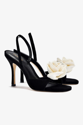 Salma Sandal In Black Suede and Ivory Satin