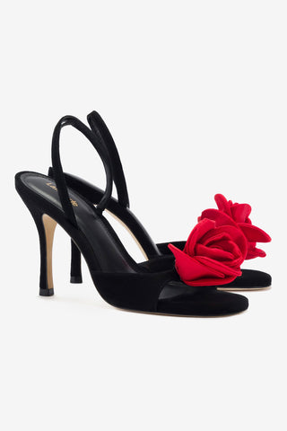 Salma Sandal In Black Suede and Scarlet Satin