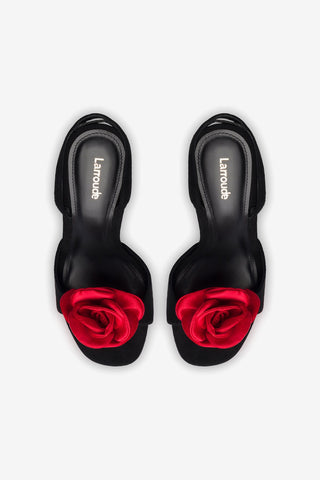 Salma Sandal In Black Suede and Scarlet Satin