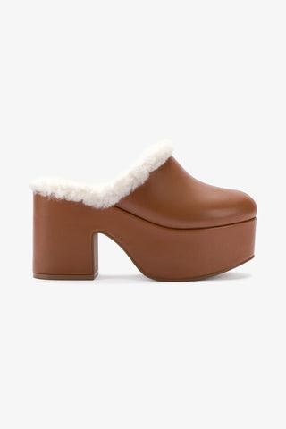 Miso Platform Clog In Caramel Leather and Natural Shearling