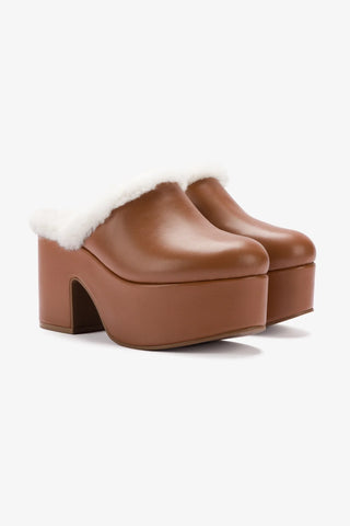 Miso Platform Clog In Caramel Leather and Natural Shearling