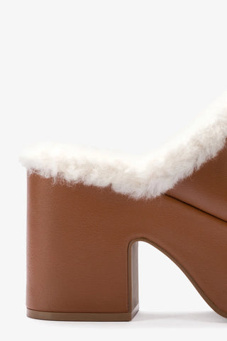 Miso Platform Clog In Caramel Leather and Natural Shearling