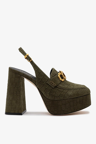 Harrington Hi Platform Loafer Olive Croco Suede Pump Larroudé