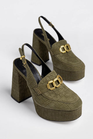 Harrington Hi Platform Loafer Olive Croco Suede Pump Larroudé