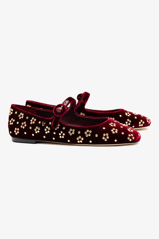 Blair Ballet Flat In Wine Velvet and Gold Studs