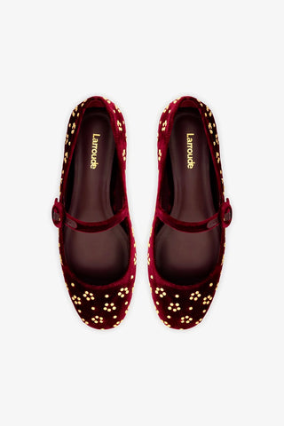 Blair Ballet Flat In Wine Velvet and Gold Studs