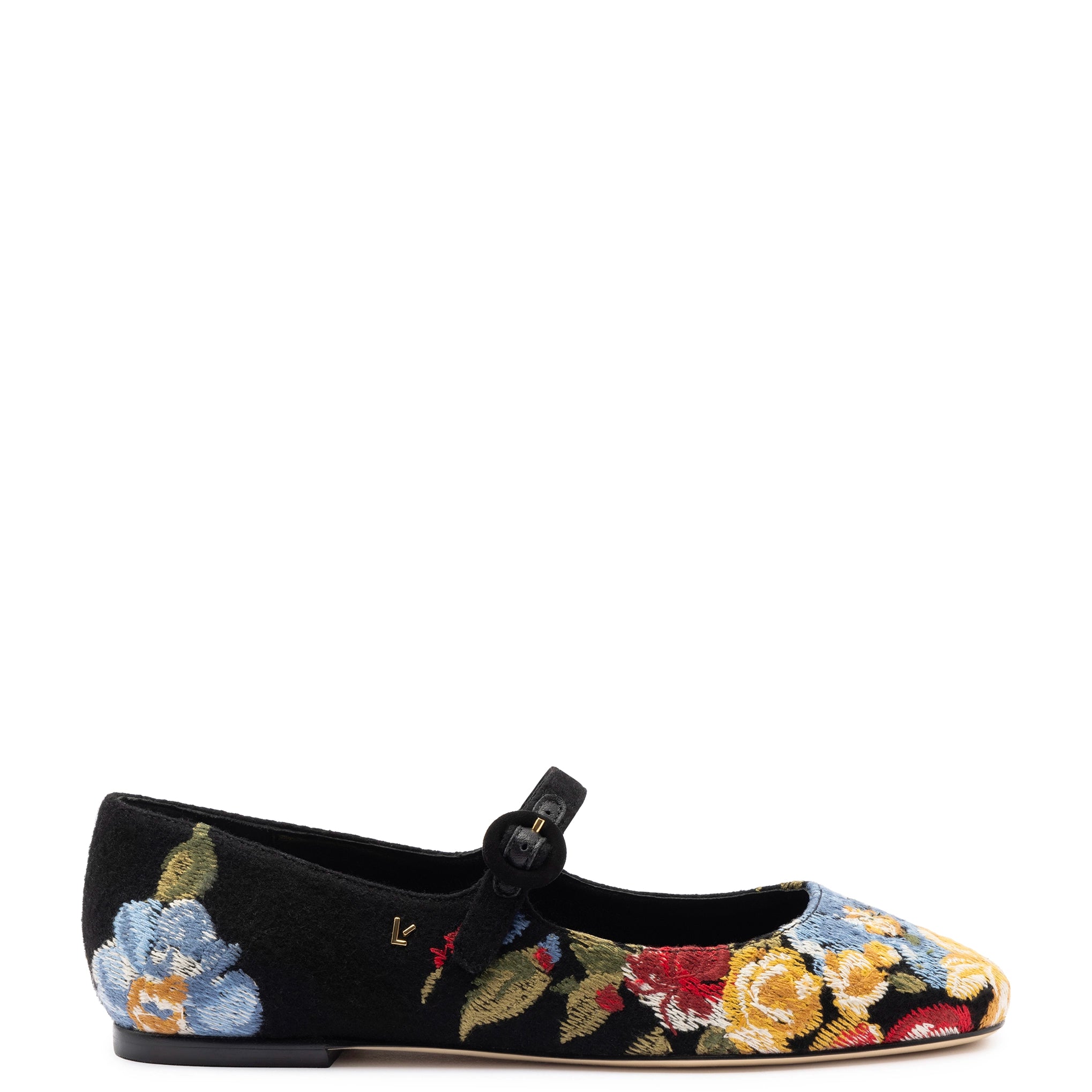 Zapatos planos Larroudé x Markarian en lana floral y bordado negro