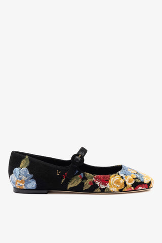 Larroudé x Markarian Flat In Black Wool and Floral Embroidery