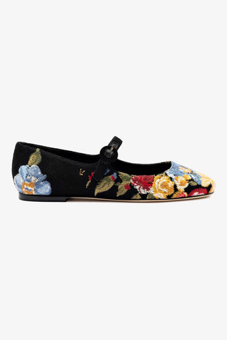 Larroudé x Markarian Flat In Black Wool and Floral Embroidery