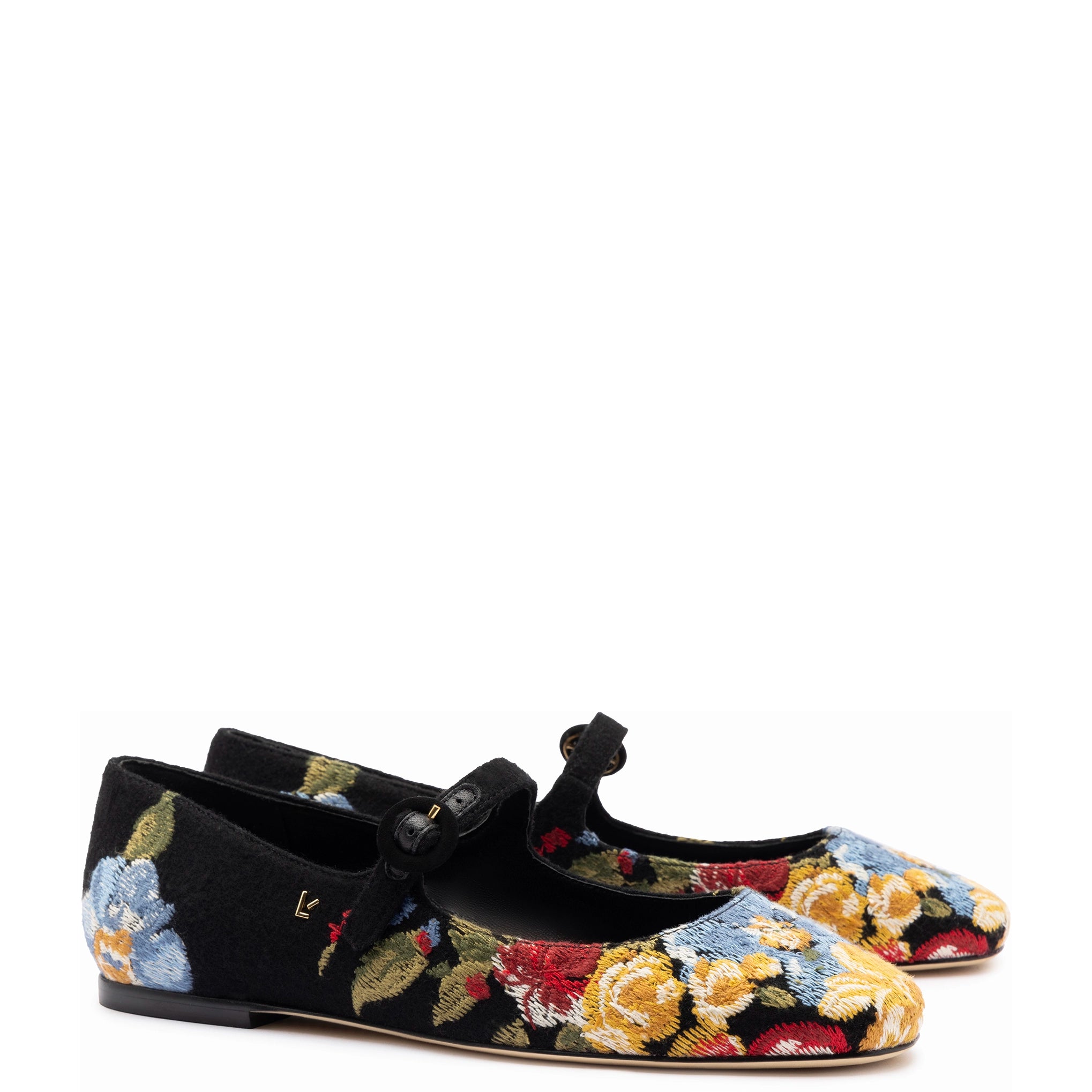 Zapatos planos Larroudé x Markarian en lana floral y bordado negro