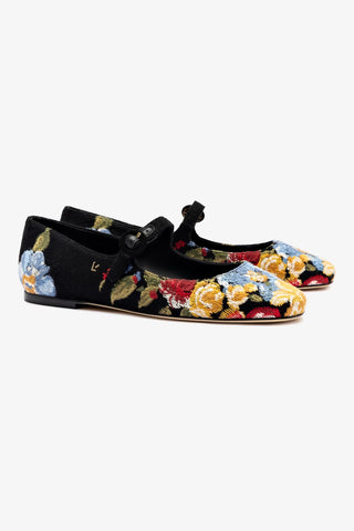 Larroudé x Markarian Flat In Black Wool and Floral Embroidery