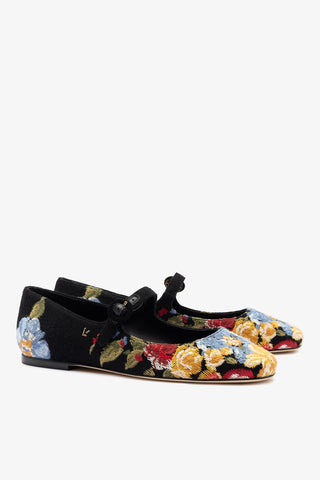 Larroudé x Markarian Flat In Black Wool and Floral Embroidery