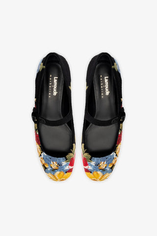 Larroudé x Markarian Flat In Black Wool and Floral Embroidery