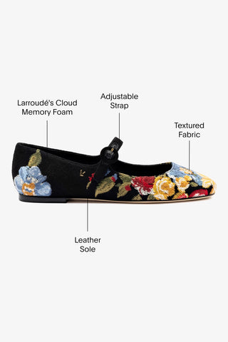 Larroudé x Markarian Flat In Black Wool and Floral Embroidery