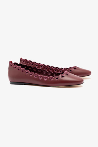 Meghan Broderie Flat In Burgundy Leather