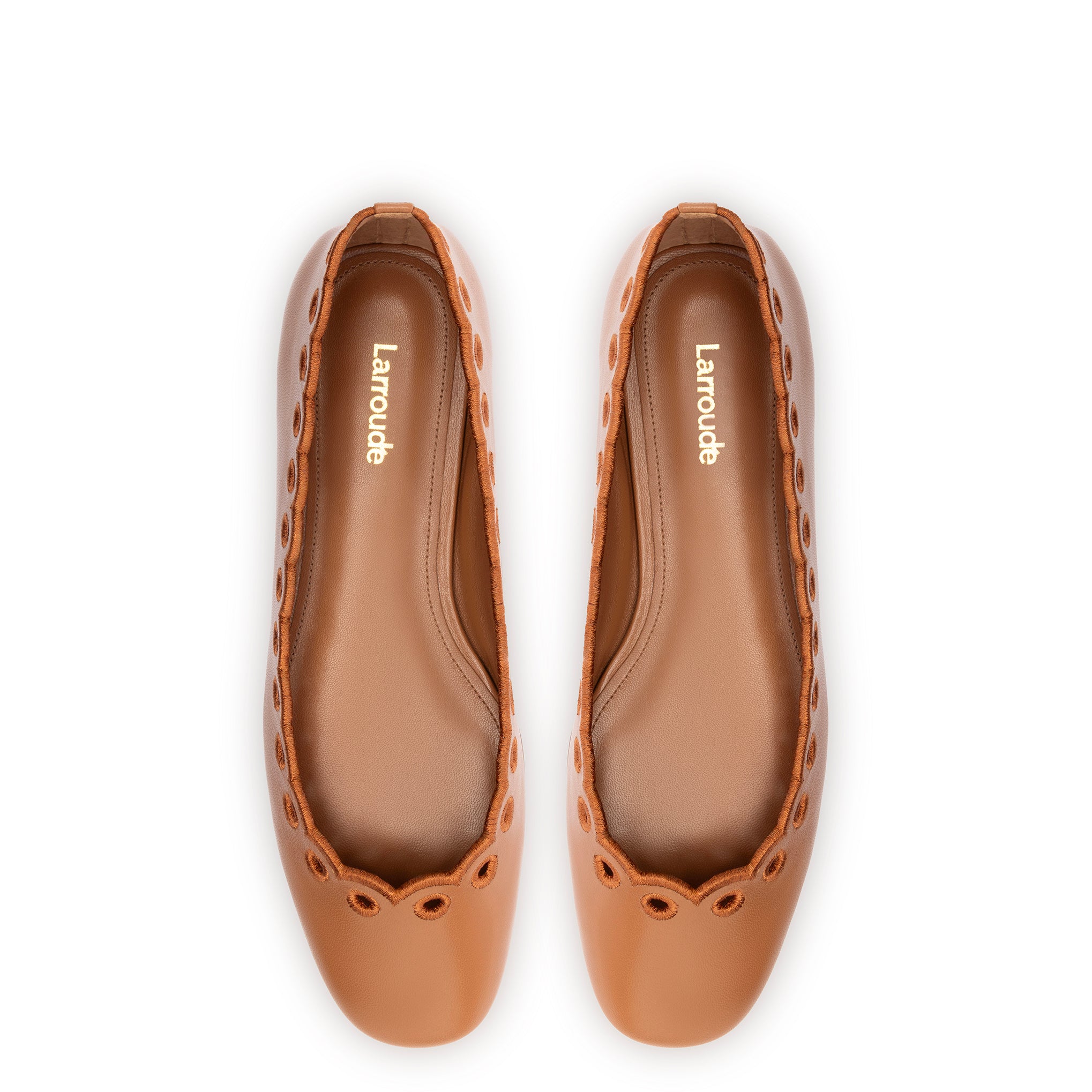 Meghan Broderie Flat In Caramel Leather