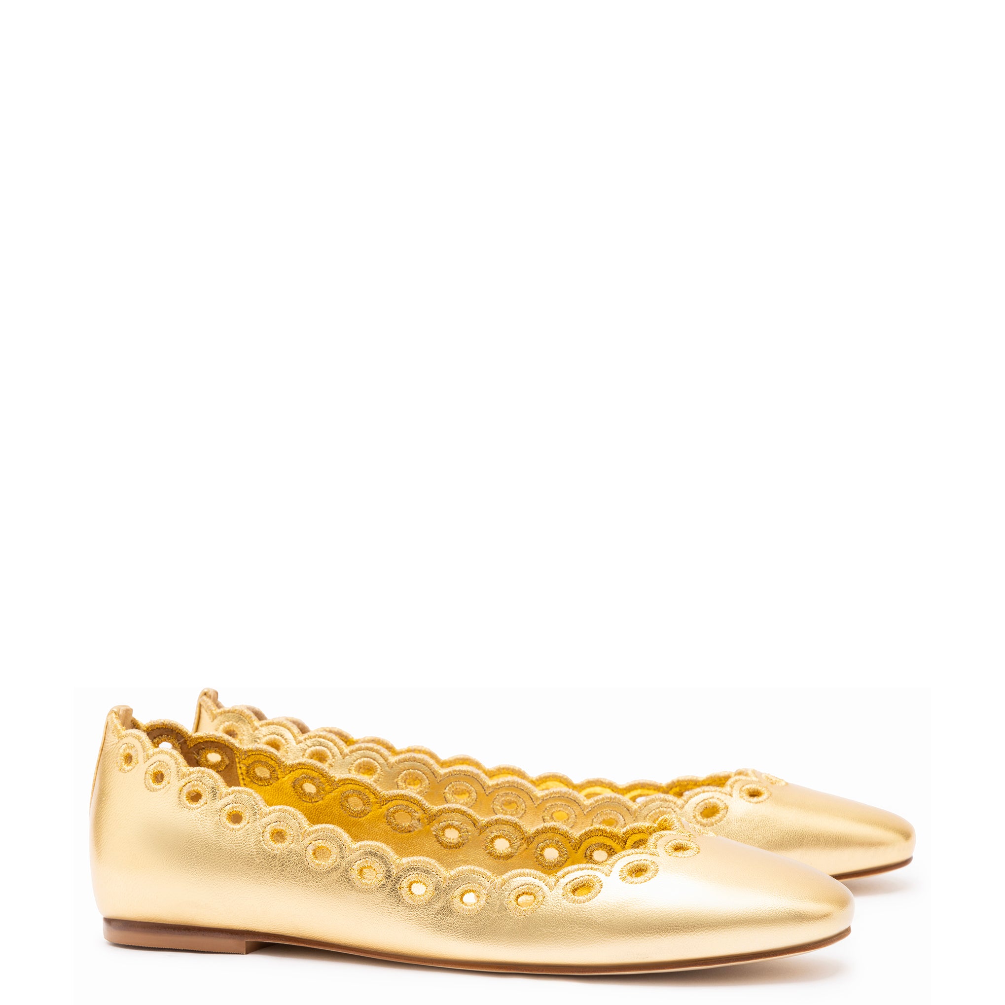 Meghan Broderie Flat In Gold Metallic Leather