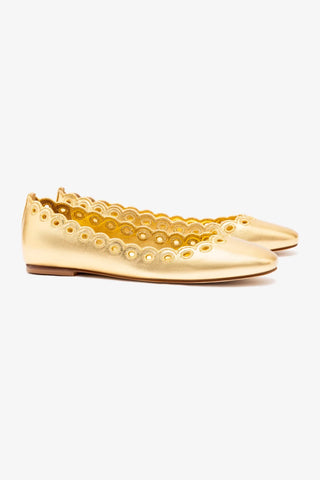 Meghan Broderie Flat In Gold Metallic Leather