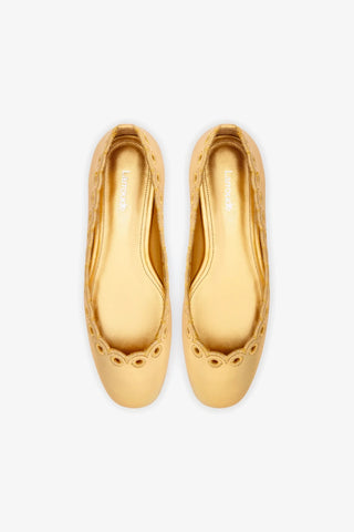 Meghan Broderie Flat In Gold Metallic Leather