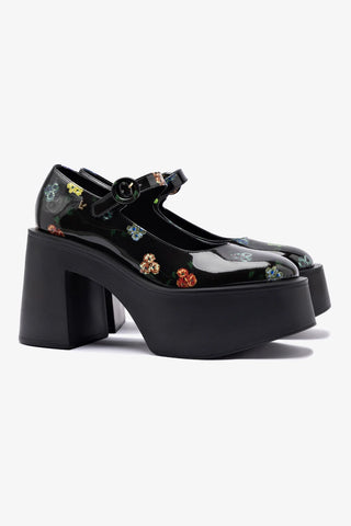 Larroudé x Libertine Olivia Pump In Black Patent and Printed Pansies