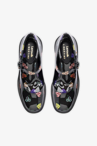 Larroudé x Libertine Olivia Pump In Black Patent and Printed Pansies