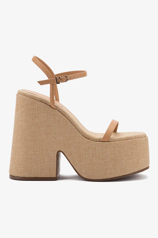 Wanda Platform Sandal In Tan Leather and Raffia