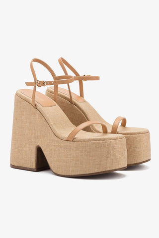 Wanda Platform Sandal In Tan Leather and Raffia