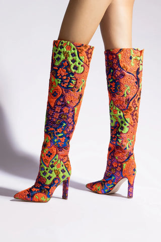 Larroudé x Libertine Boot In Multi Orange Fabric