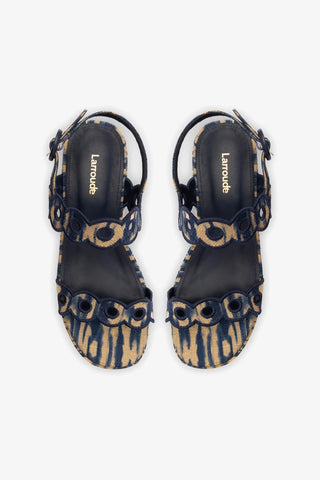 Florence Broderie Flatform Sandal In Tie Dye Beige and Navy Raffia