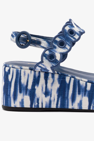 Florence Broderie Flatform Sandal In Tie Dye Blue Raffia