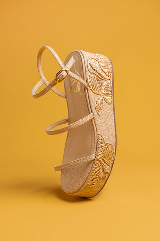 Gio Flatform In Beige Raffia and Hibiscus Embroidery