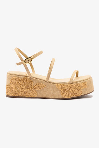 Gio Flatform In Beige Raffia and Hibiscus Embroidery