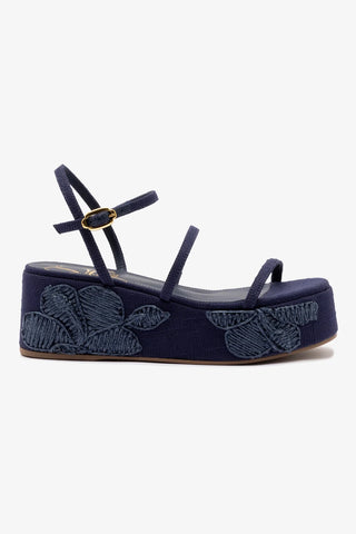 Gio Flatform In Navy Raffia and Hibiscus Embroidery