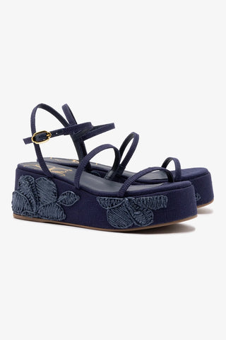 Gio Flatform In Navy Raffia and Hibiscus Embroidery