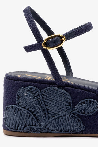 Gio Flatform In Navy Raffia and Hibiscus Embroidery