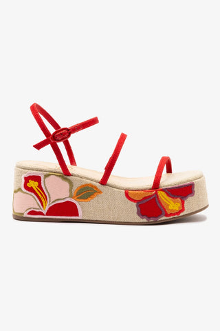 Gio Milanina Flatform Sandal In Scarlet Raffia and Hibiscus Embroidery