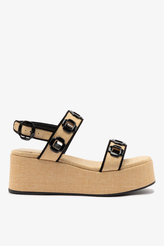 Milan Flatform In Beige Raffia and Black Trimming
