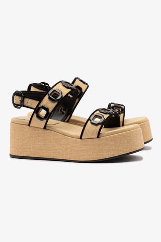 Milan Flatform In Beige Raffia and Black Trimming