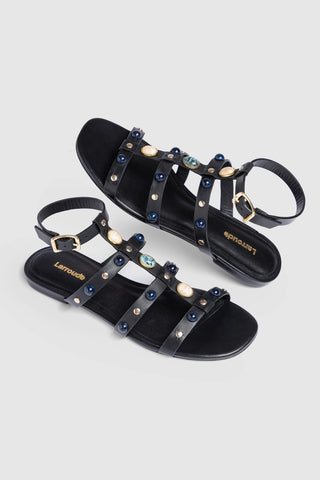 Amalfi Flat Sandal Black Leather Flat - Sandal Larroudé