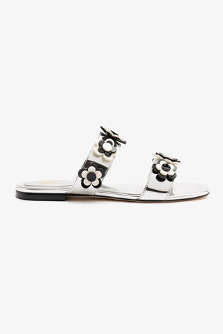 Larroudé x Gabriela Noelle: Blossom Flat Sandal In Silver Specchio and Black and White Acrylic