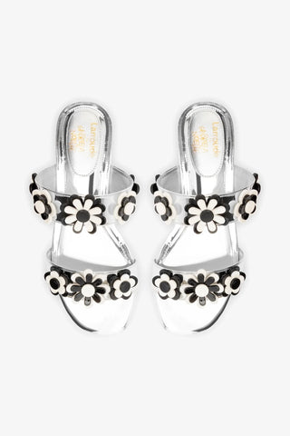 Larroudé x Gabriela Noelle: Blossom Flat Sandal In Silver Specchio and Black and White Acrylic