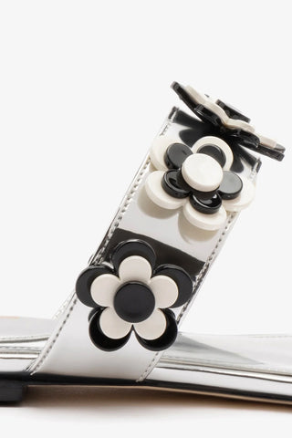 Larroudé x Gabriela Noelle: Blossom Flat Sandal In Silver Specchio and Black and White Acrylic